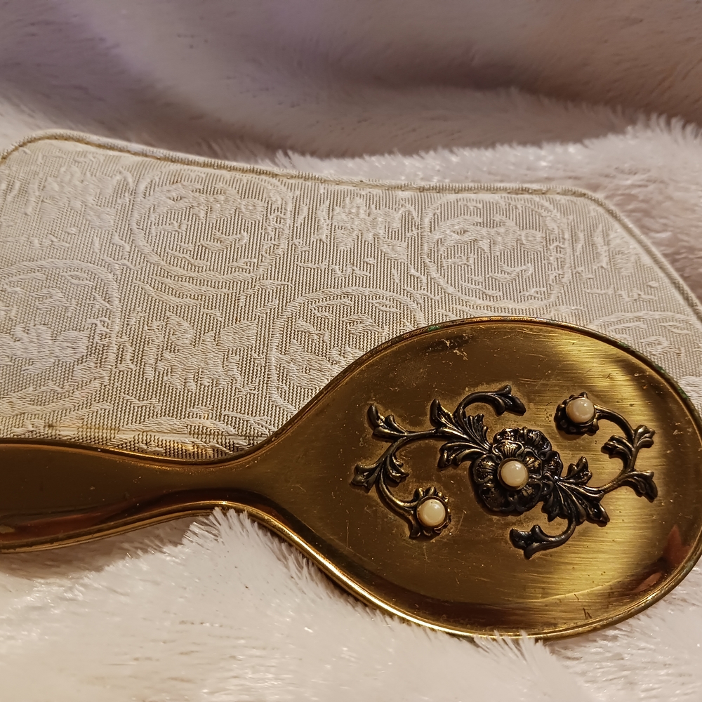 Vintage Petite Gold Hand Mirror with Floral Design
